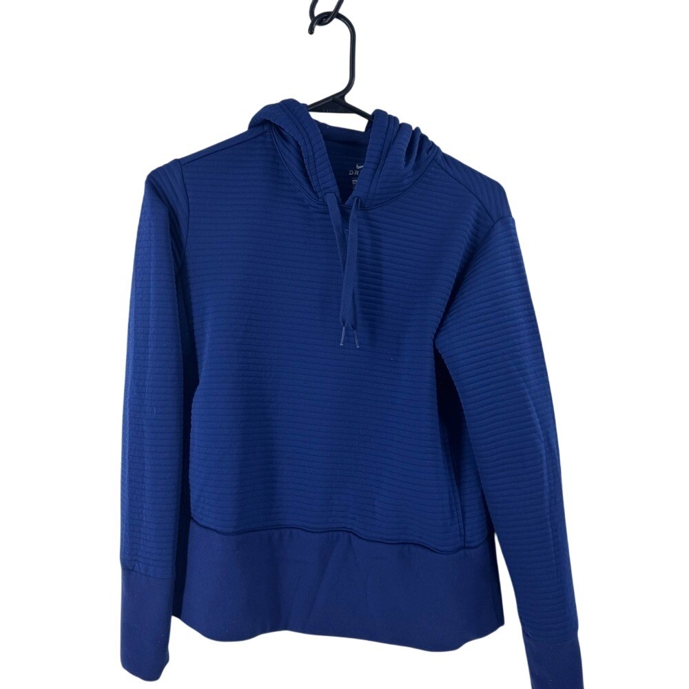 Nike Dri-FIT Womens XS Ribbed Textured Pullover Hoodie Royal Blue Logo Cuffs
